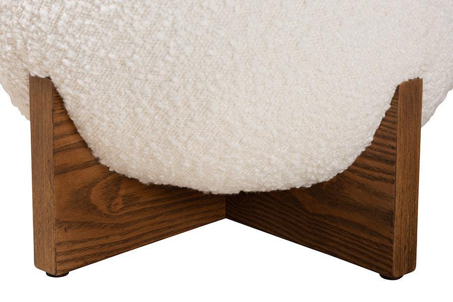 Fisk Japandi Cream Boucle Fabric and Walnut Brown Finished Wood Ottoman Footstool FredCo