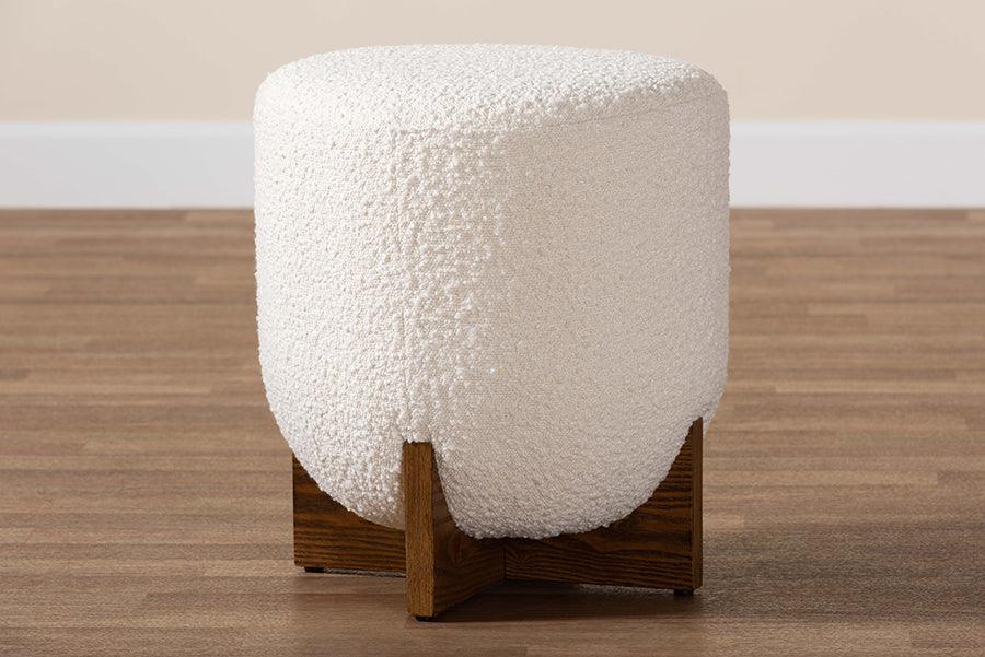 Fisk Japandi Cream Boucle Fabric and Walnut Brown Finished Wood Ottoman Footstool FredCo