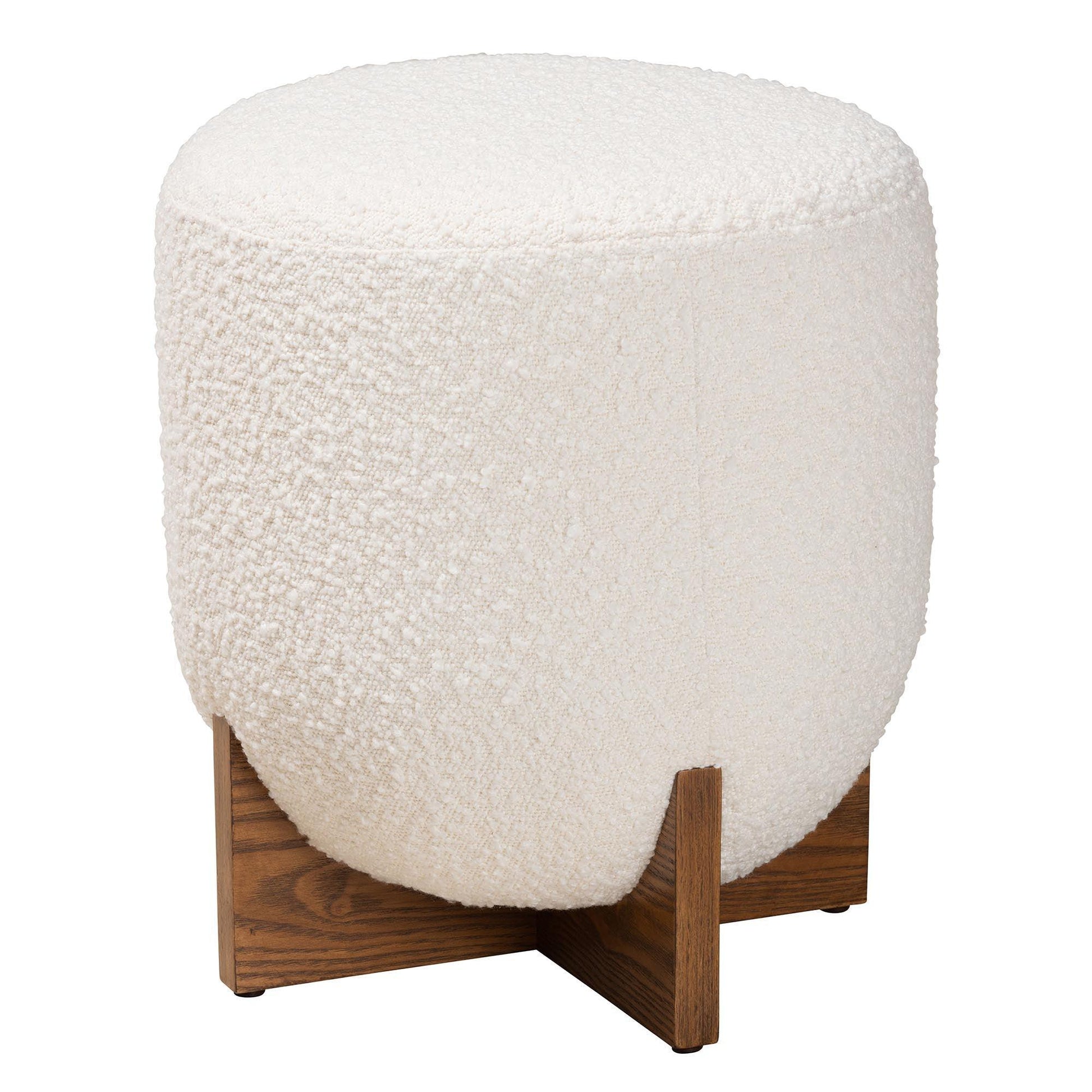 Fisk Japandi Cream Boucle Fabric and Walnut Brown Finished Wood Ottoman Footstool FredCo