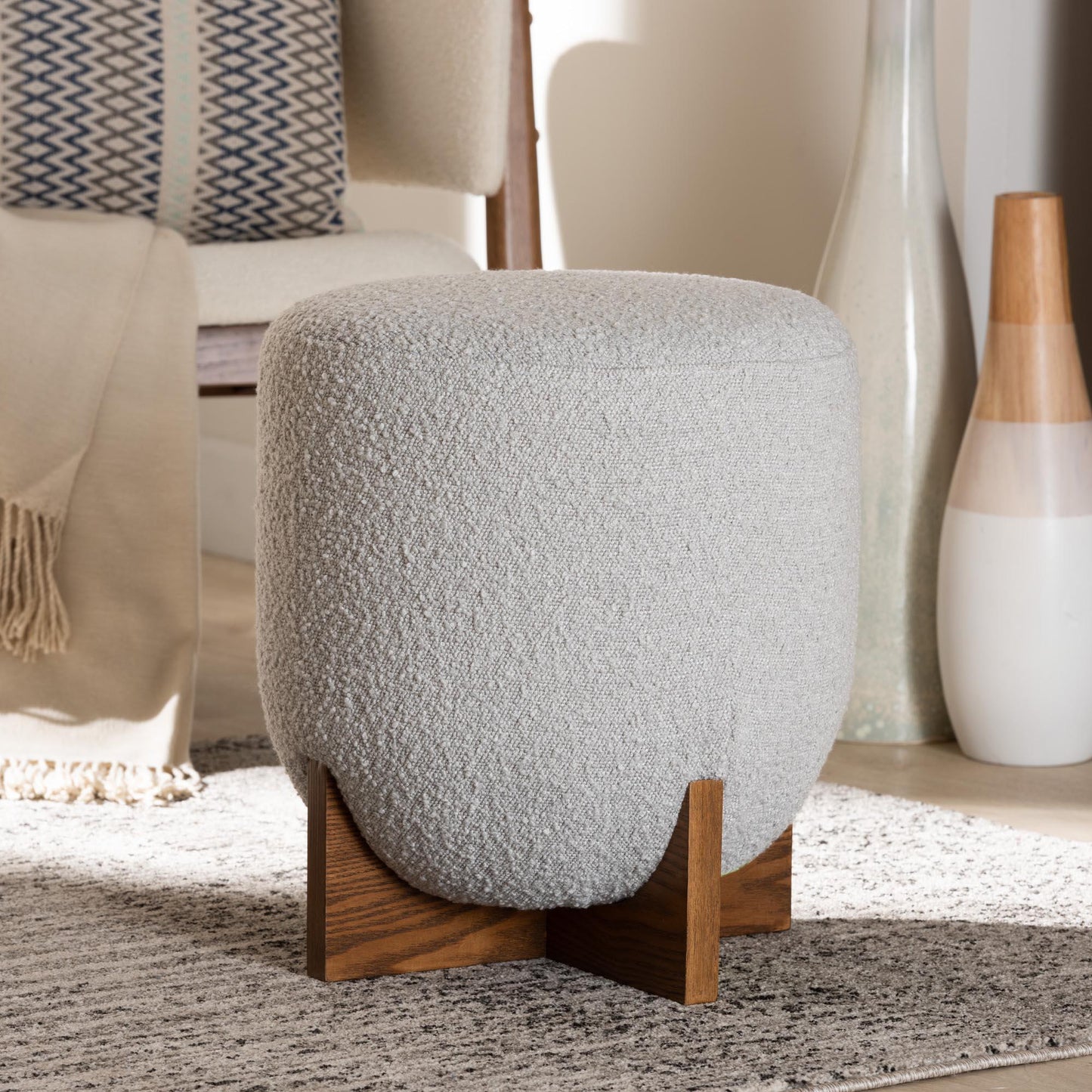 Fisk Japandi Light Grey Boucle Fabric and Walnut Brown Finished Wood Ottoman Footstool FredCo
