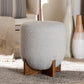 Fisk Japandi Light Grey Boucle Fabric and Walnut Brown Finished Wood Ottoman Footstool FredCo