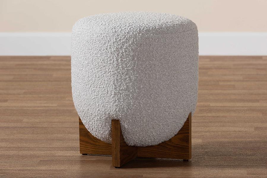 Fisk Japandi Light Grey Boucle Fabric and Walnut Brown Finished Wood Ottoman Footstool FredCo