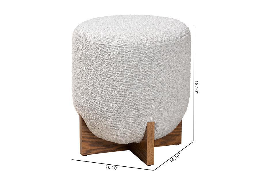 Fisk Japandi Light Grey Boucle Fabric and Walnut Brown Finished Wood Ottoman Footstool FredCo