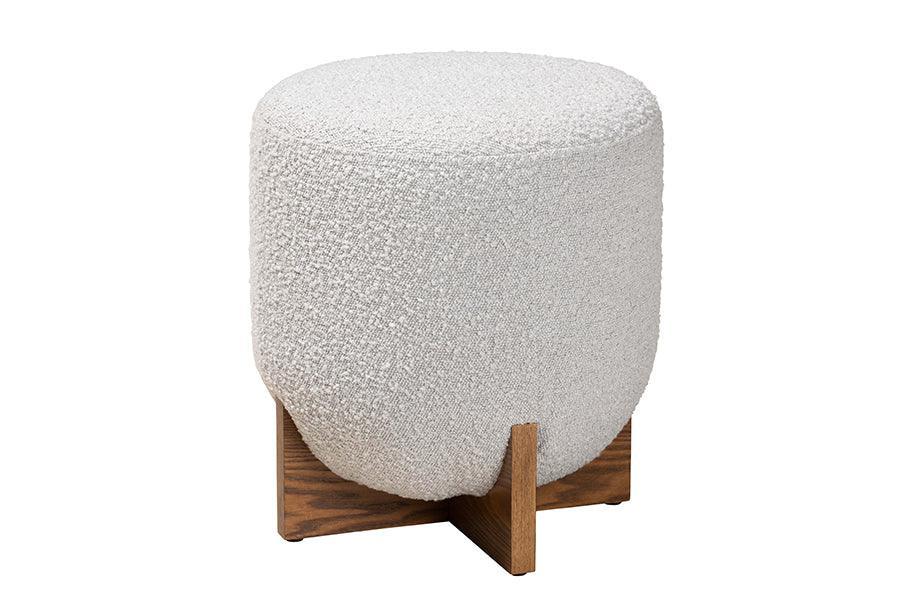 Fisk Japandi Light Grey Boucle Fabric and Walnut Brown Finished Wood Ottoman Footstool FredCo