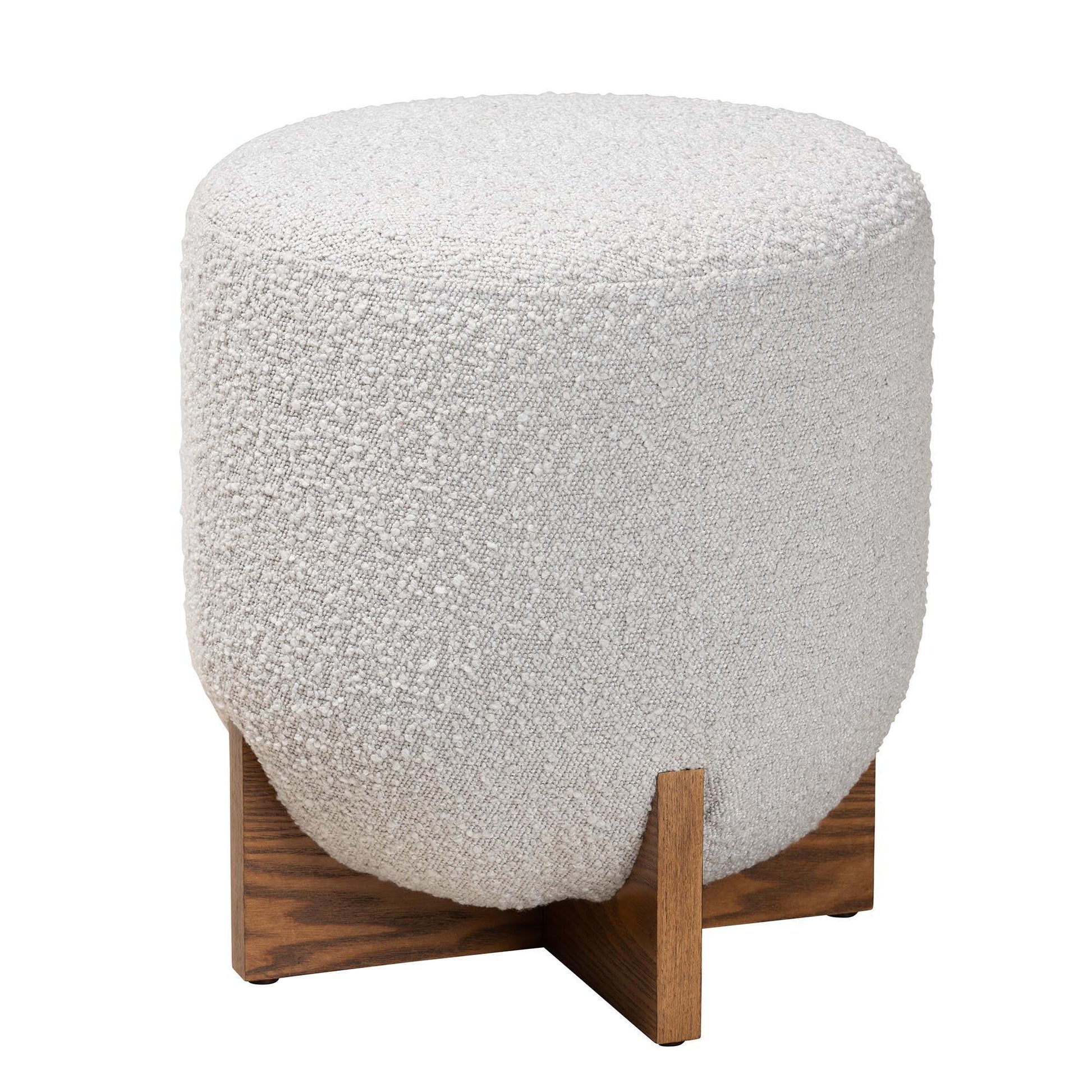 Fisk Japandi Light Grey Boucle Fabric and Walnut Brown Finished Wood Ottoman Footstool FredCo