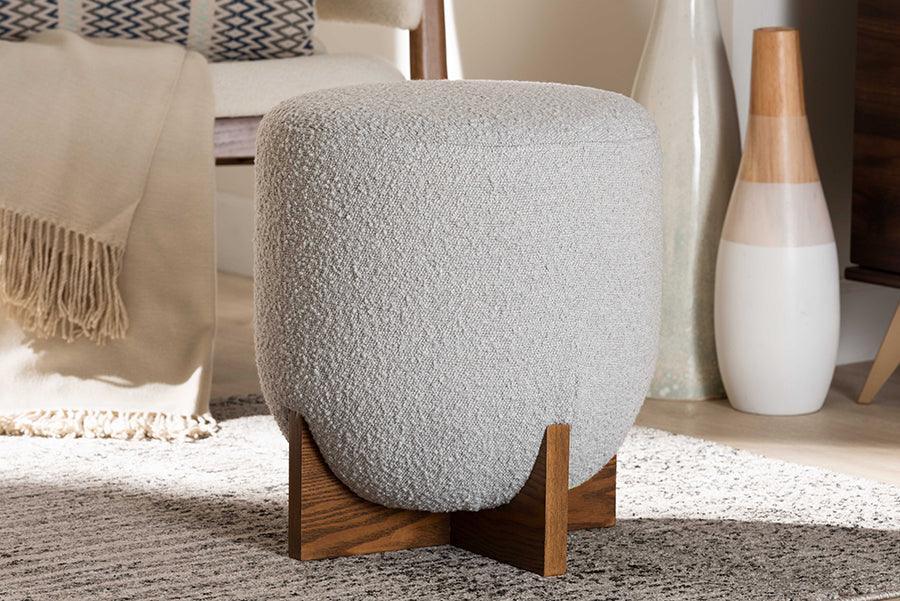 Fisk Japandi Light Grey Boucle Fabric and Walnut Brown Finished Wood Ottoman Footstool FredCo