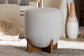 Fisk Japandi Light Grey Boucle Fabric and Walnut Brown Finished Wood Ottoman Footstool FredCo