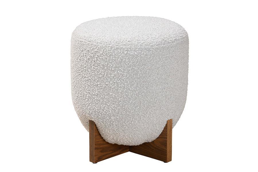 Fisk Japandi Light Grey Boucle Fabric and Walnut Brown Finished Wood Ottoman Footstool FredCo