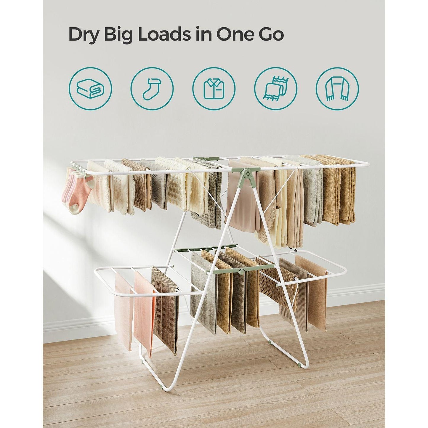 Foldable 2-Level Laundry Drying Rack White and Green FredCo