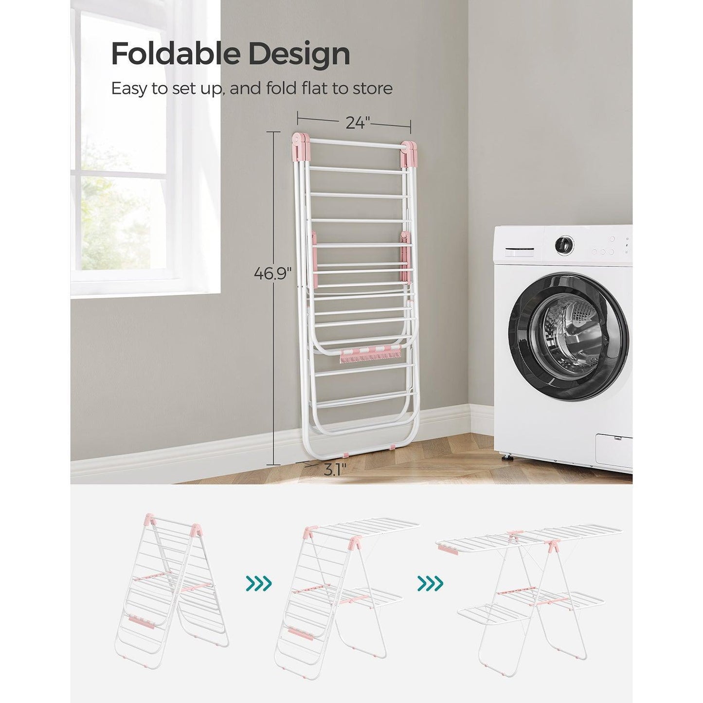 Foldable 2-Level Laundry Drying Rack White and Pink FredCo