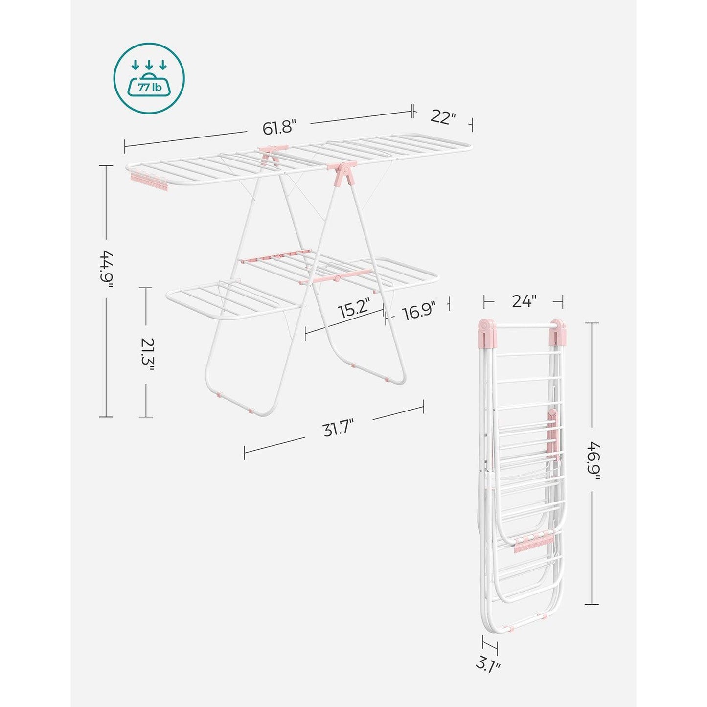 Foldable 2-Level Laundry Drying Rack White and Pink FredCo