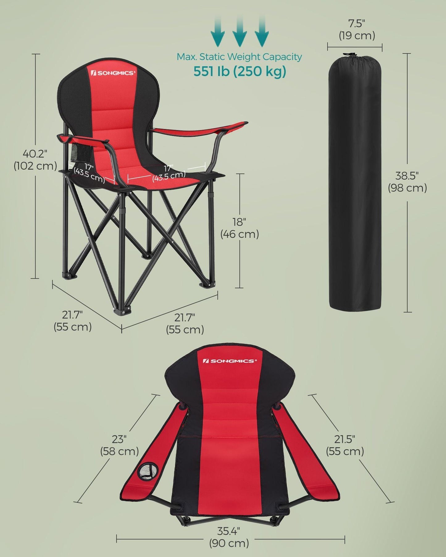 Folding Camping Chair Max. Capacity 551 lb Red and Black FredCo