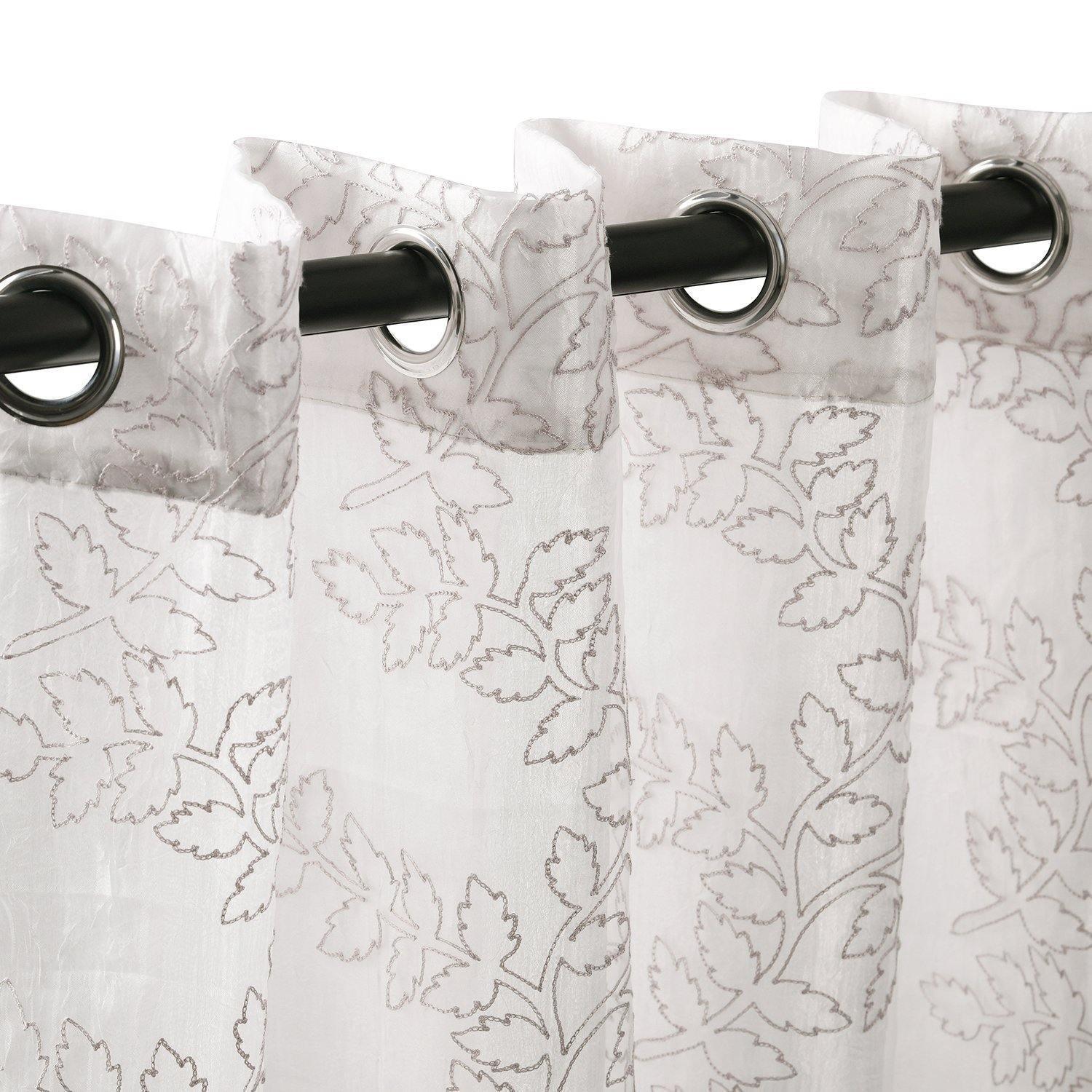 Foliage Embroidered Leaves Sheer Grommet Panel 2-Piece Curtain Set FredCo