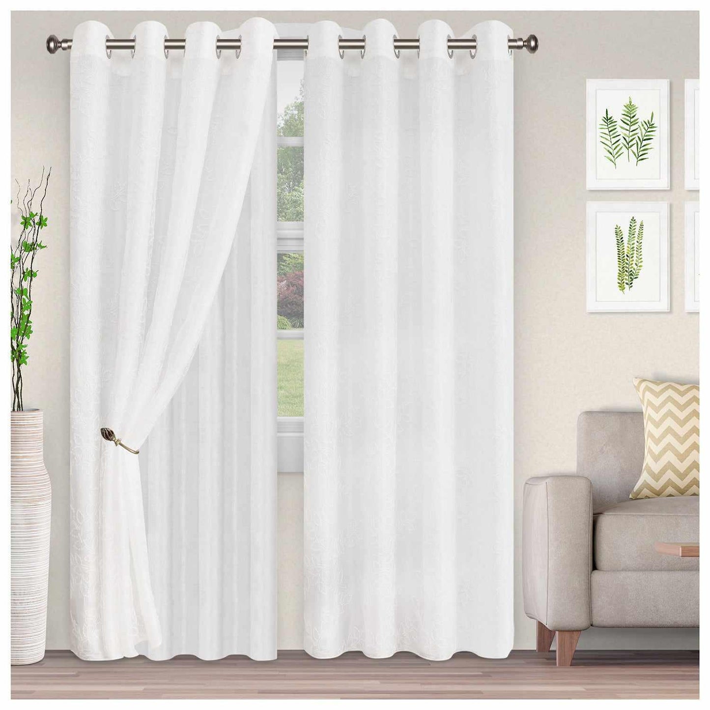 Foliage Embroidered Leaves Sheer Grommet Panel 2-Piece Curtain Set FredCo