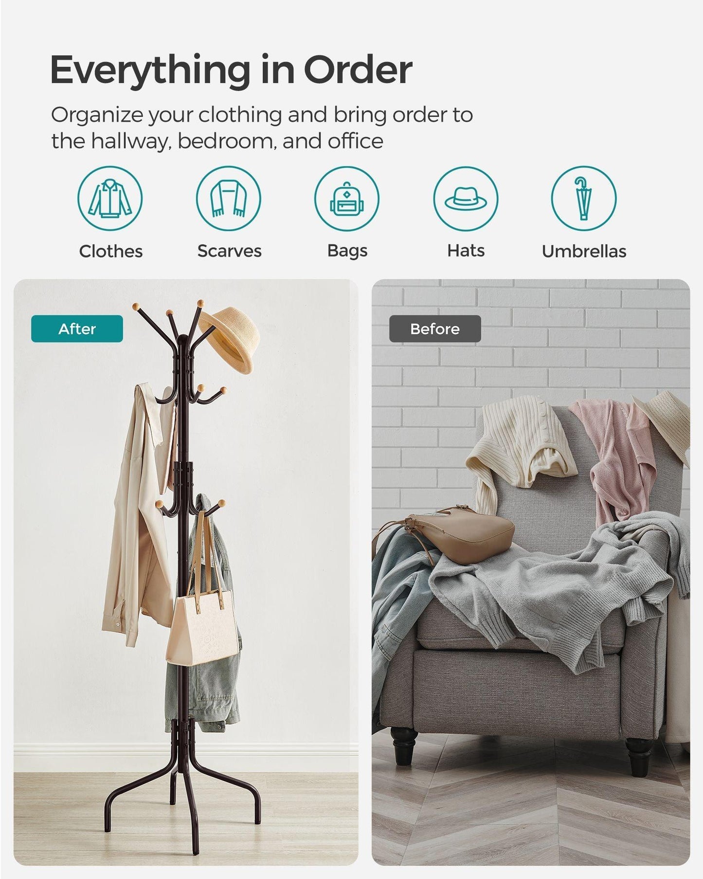 Freestanding Coat Rack with 12 Hooks and 4 Legs FredCo