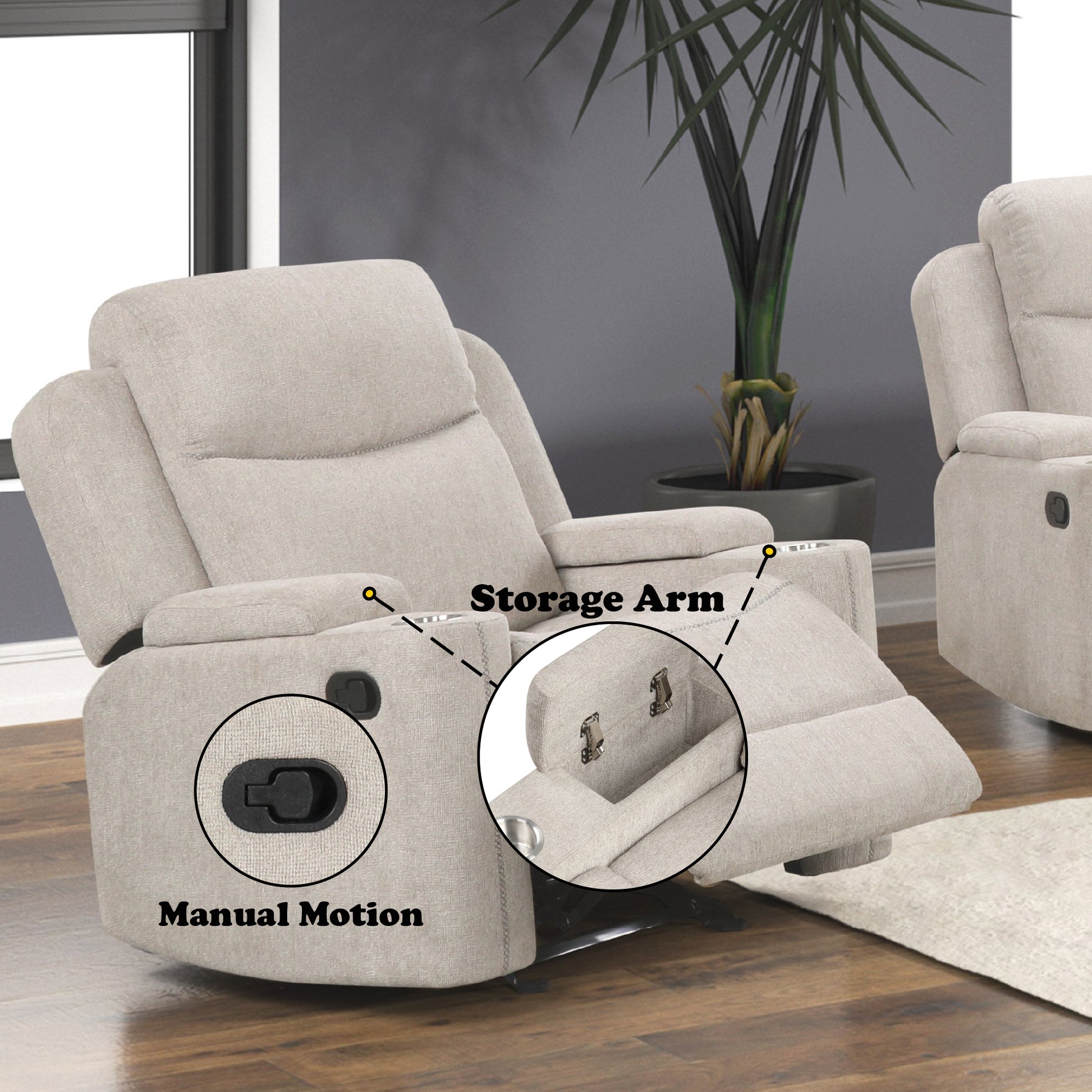 Galya Light Gray Chenille Motion Glider Recliner FredCo
