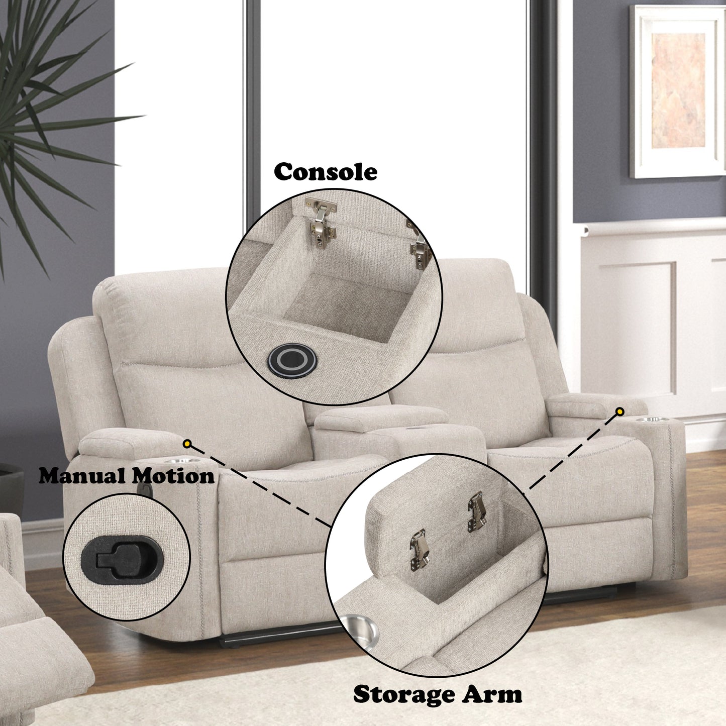 Galya Light Gray Chenille Motion Loveseat w/Console FredCo