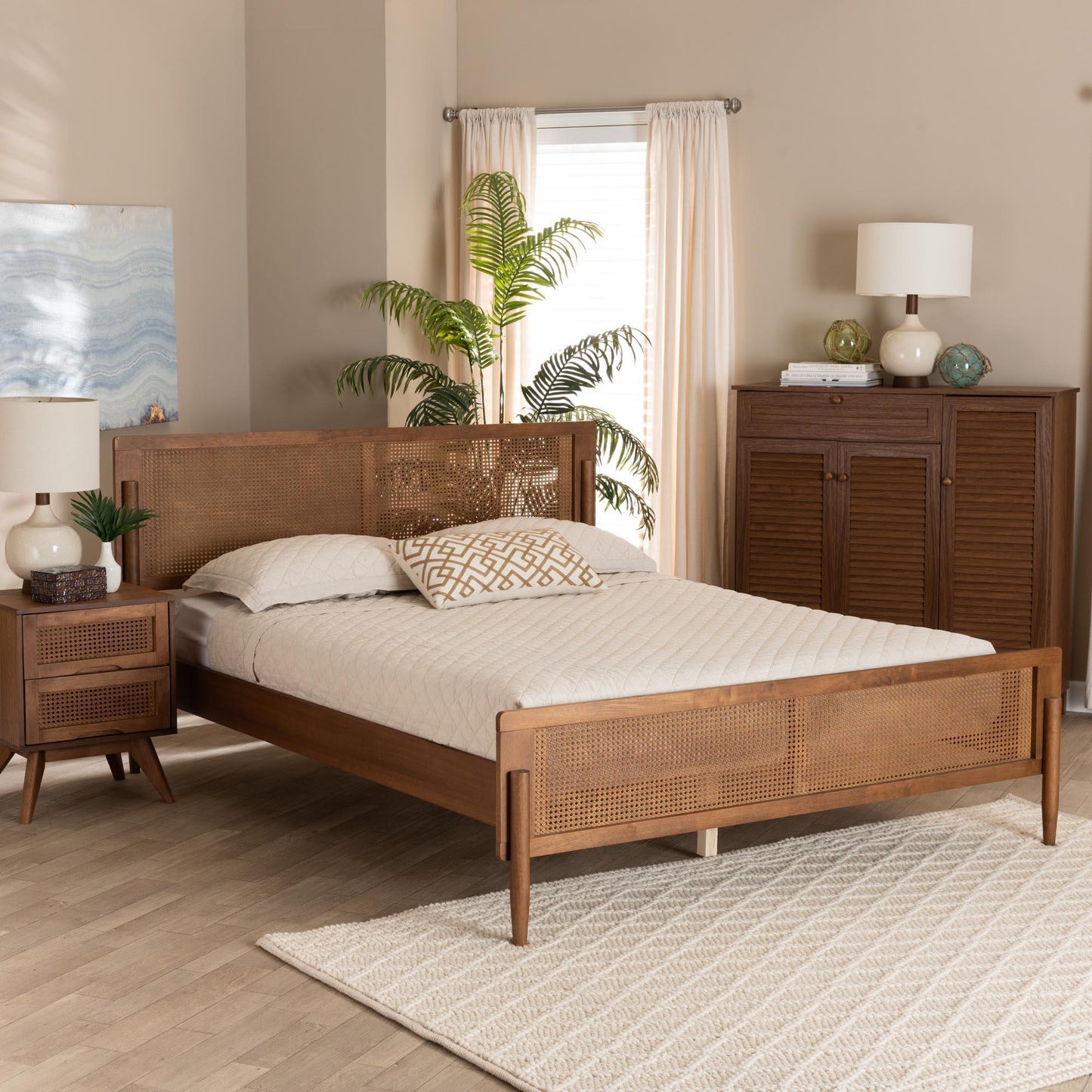Gardwin Mid-Century Modern Ash Walnut Finished Wood Queen Size Platform Bed FredCo
