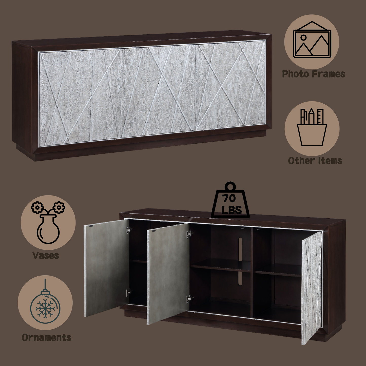 Geranio Metallic Silver & Walnut Finish Console Cabinet FredCo