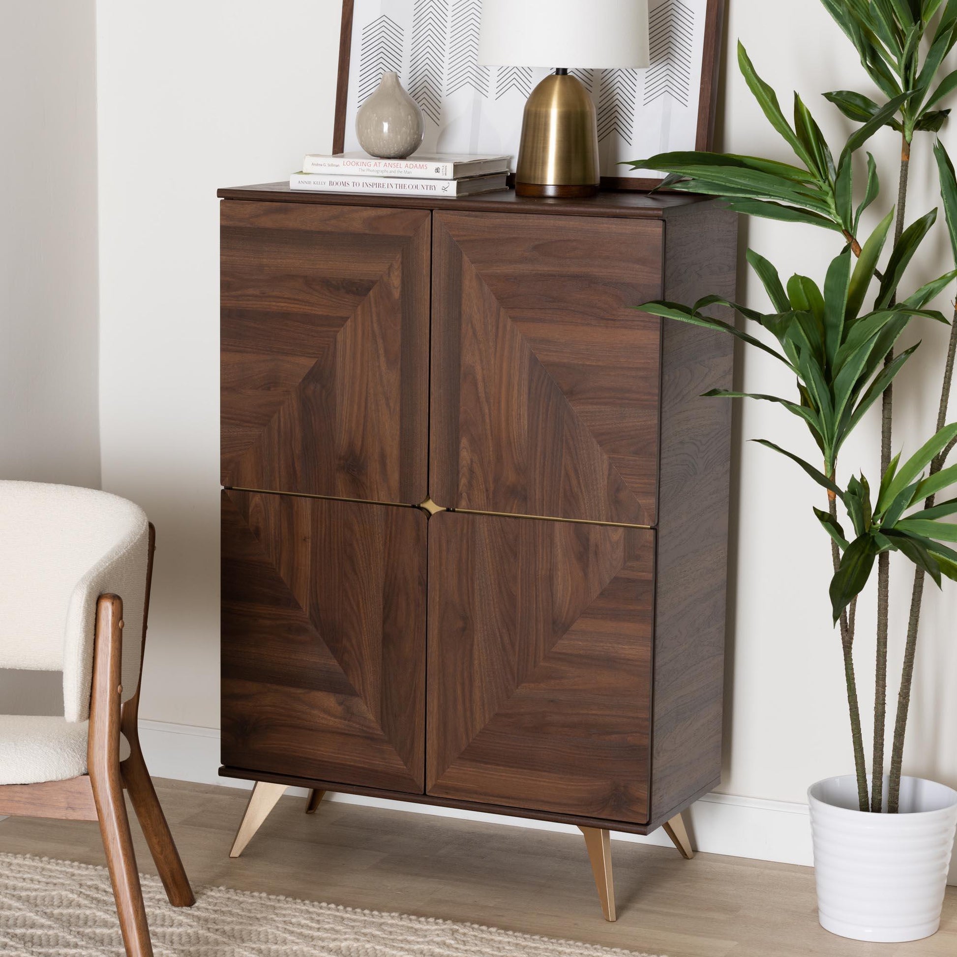 Graceland Mid-Century Modern Transitional Walnut Brown Finished Wood Shoe Cabinet FredCo