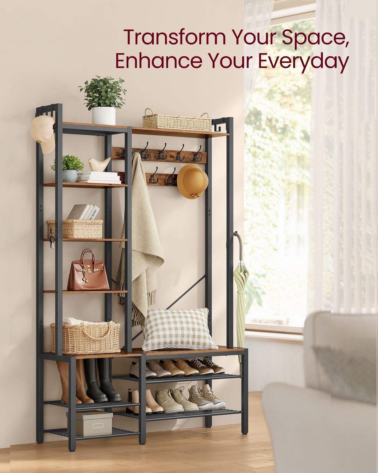 Hall Tree with Bench, Hooks and Shelves Rustic Brown and Ink Black FredCo