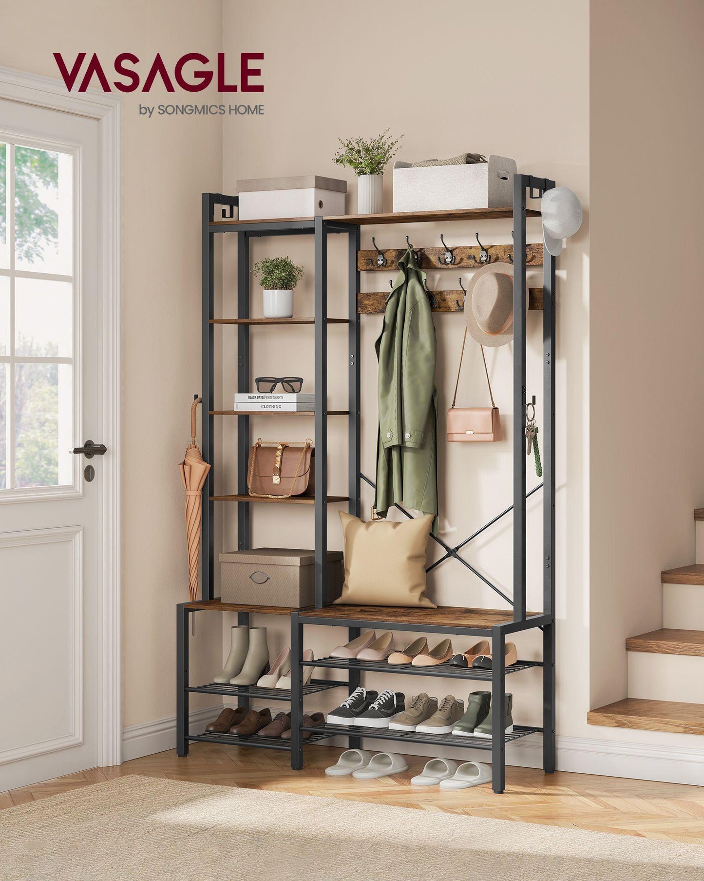Hall Tree with Bench, Hooks and Shelves Rustic Brown and Ink Black FredCo