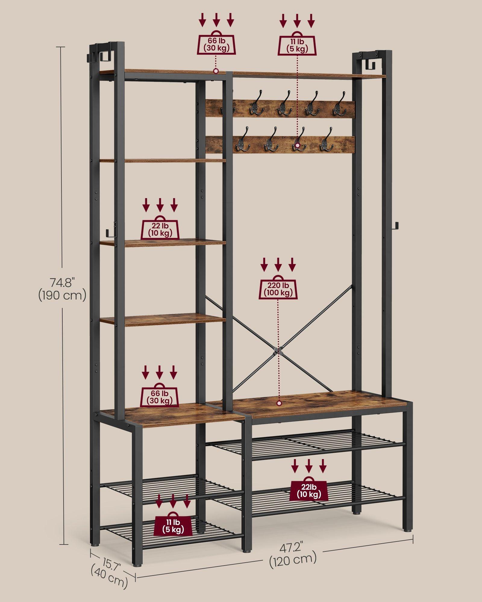Hall Tree with Bench, Hooks and Shelves Rustic Brown and Ink Black FredCo