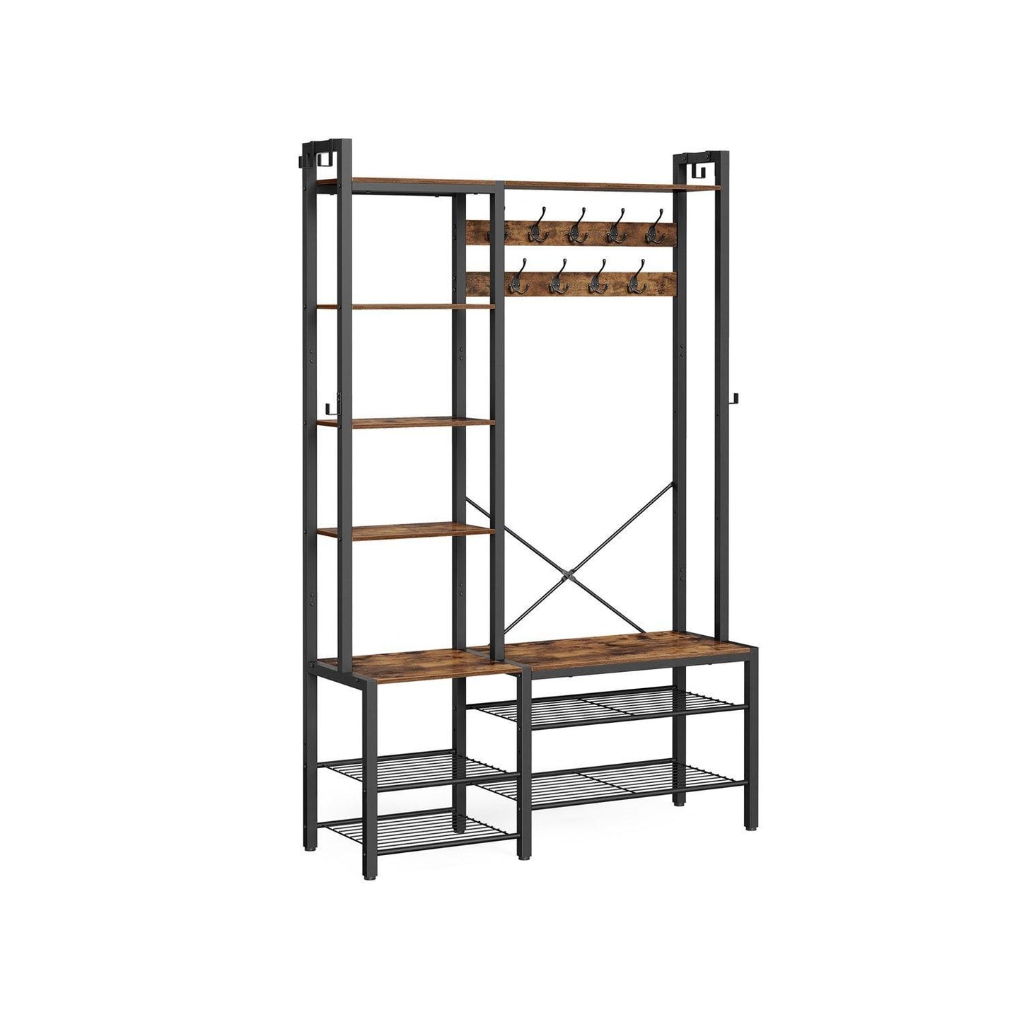 Hall Tree with Bench, Hooks and Shelves Rustic Brown and Ink Black FredCo
