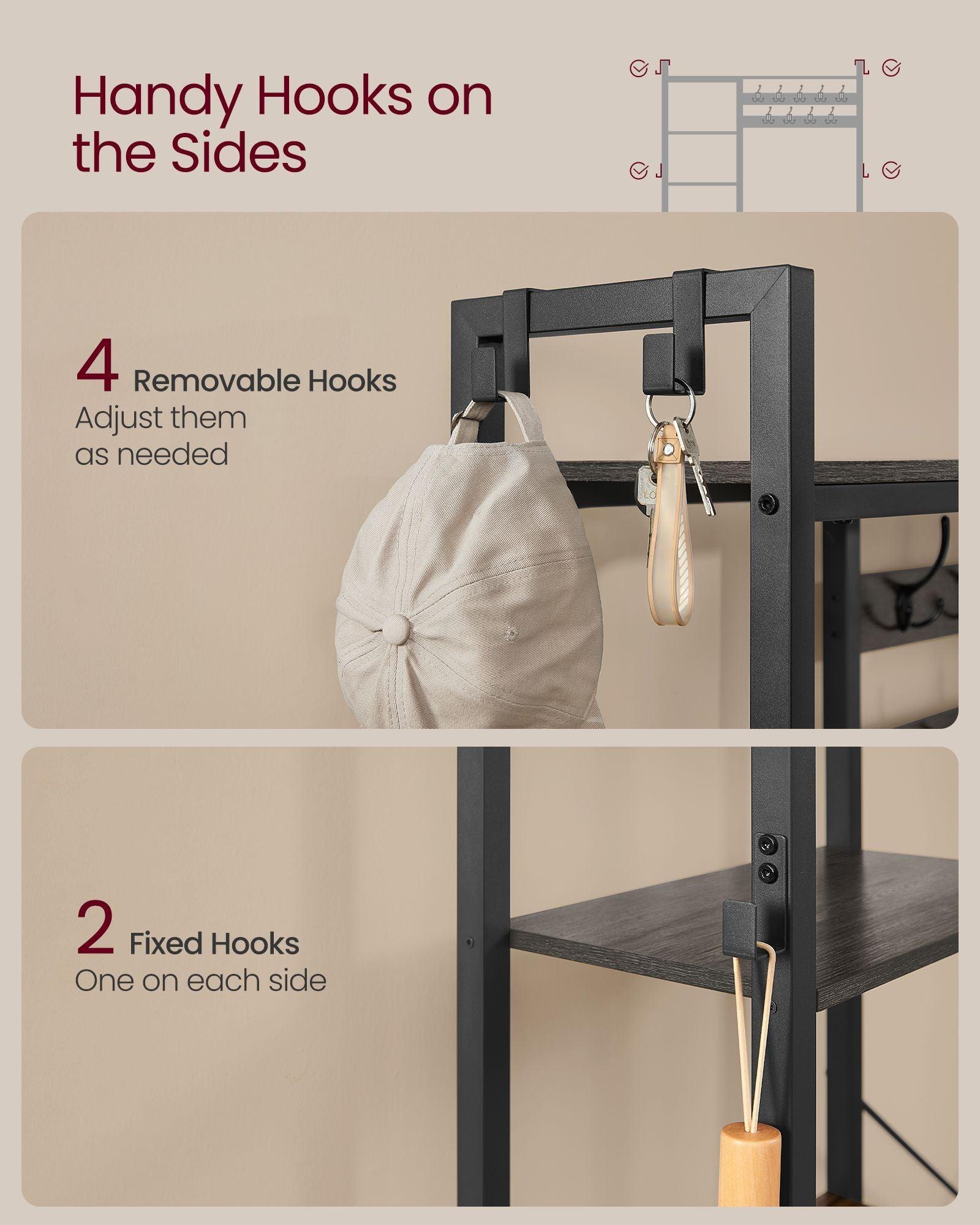 Hall Tree with Bench, Hooks and Shelves Stone Gray and Ink Black FredCo