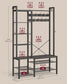 Hall Tree with Bench, Hooks and Shelves Stone Gray and Ink Black FredCo