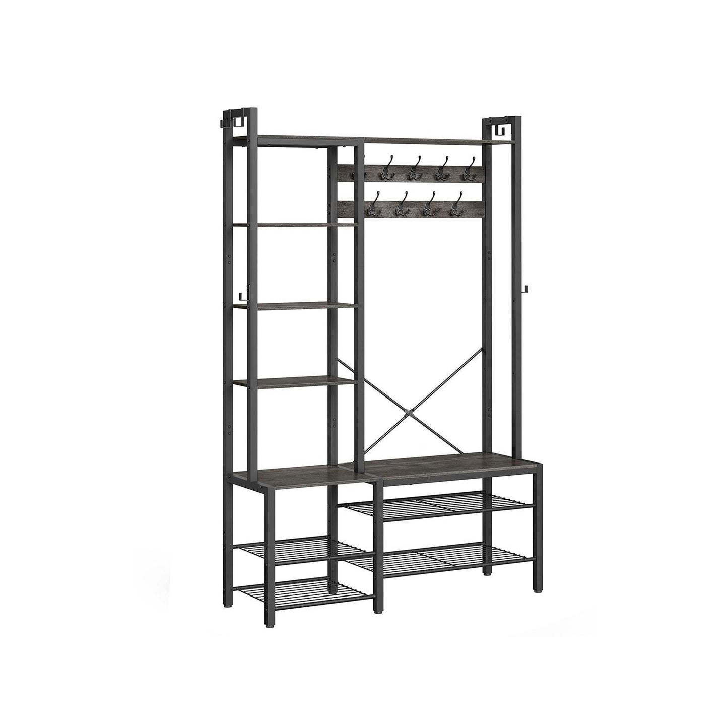 Hall Tree with Bench, Hooks and Shelves Stone Gray and Ink Black FredCo
