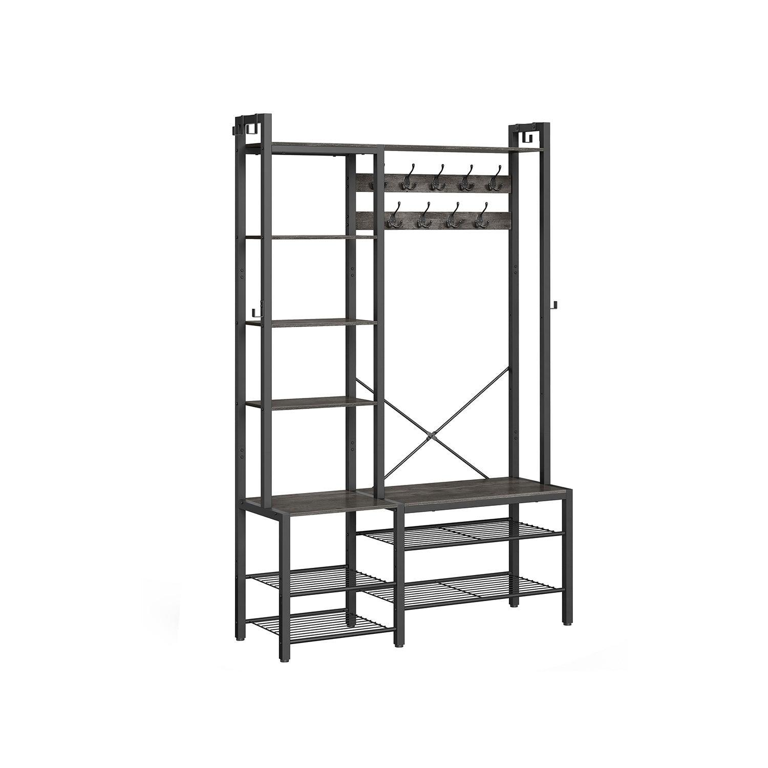 Hall Tree with Bench, Hooks and Shelves Stone Gray and Ink Black FredCo