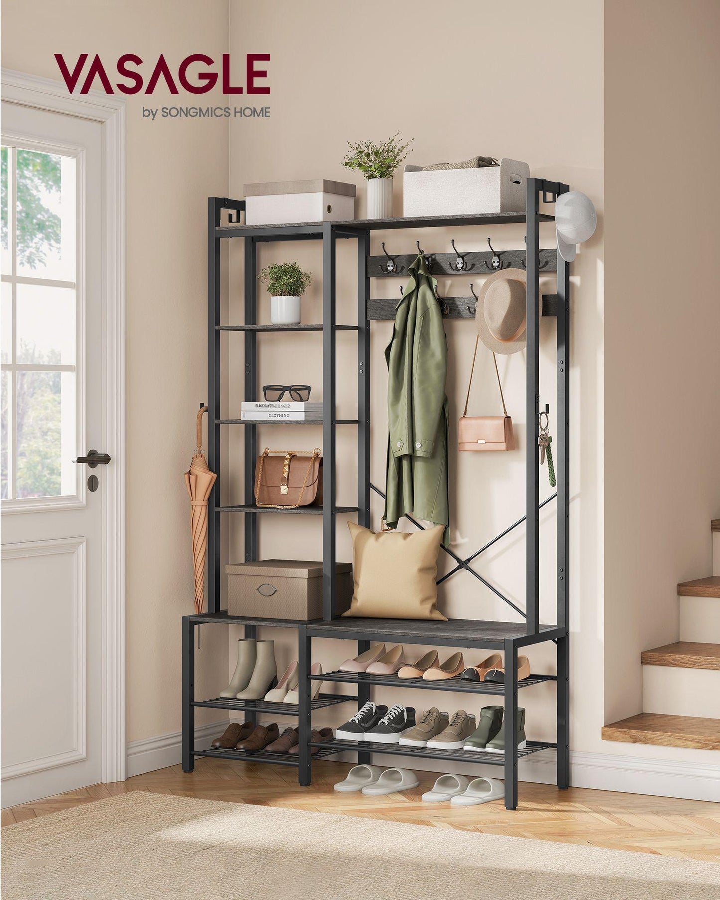 Hall Tree with Bench, Hooks and Shelves Stone Gray and Ink Black FredCo