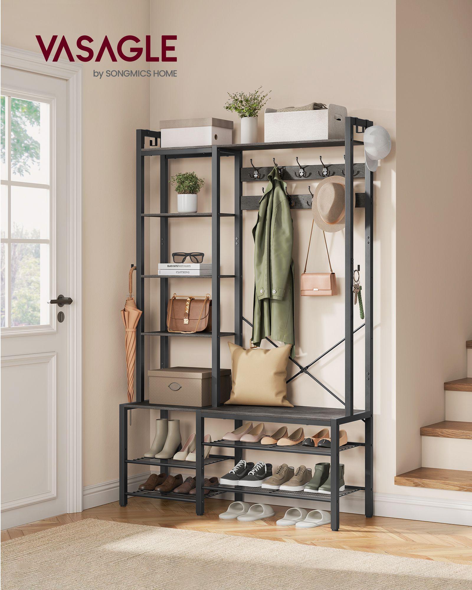 Hall Tree with Bench, Hooks and Shelves Stone Gray and Ink Black FredCo