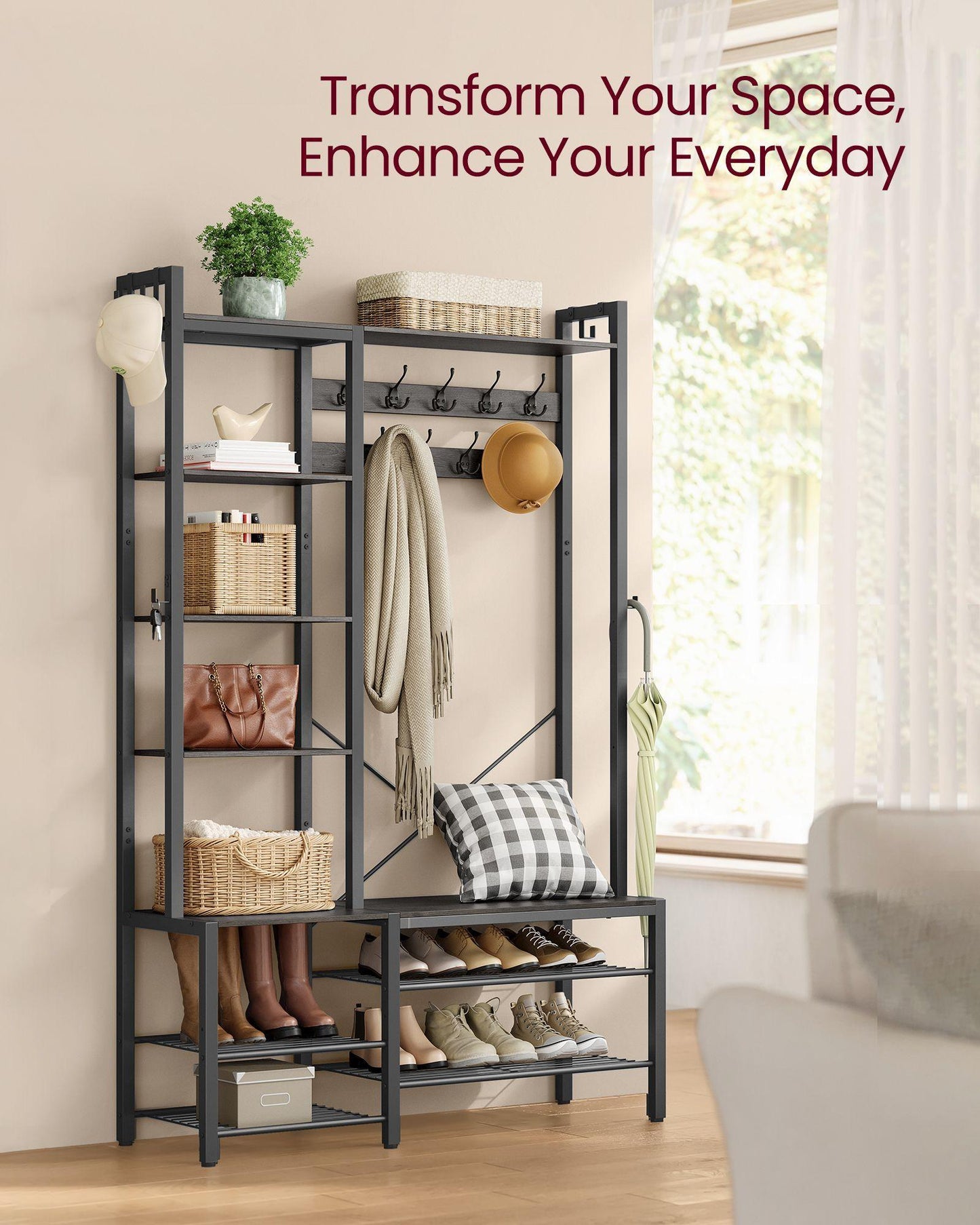 Hall Tree with Bench, Hooks and Shelves Stone Gray and Ink Black FredCo
