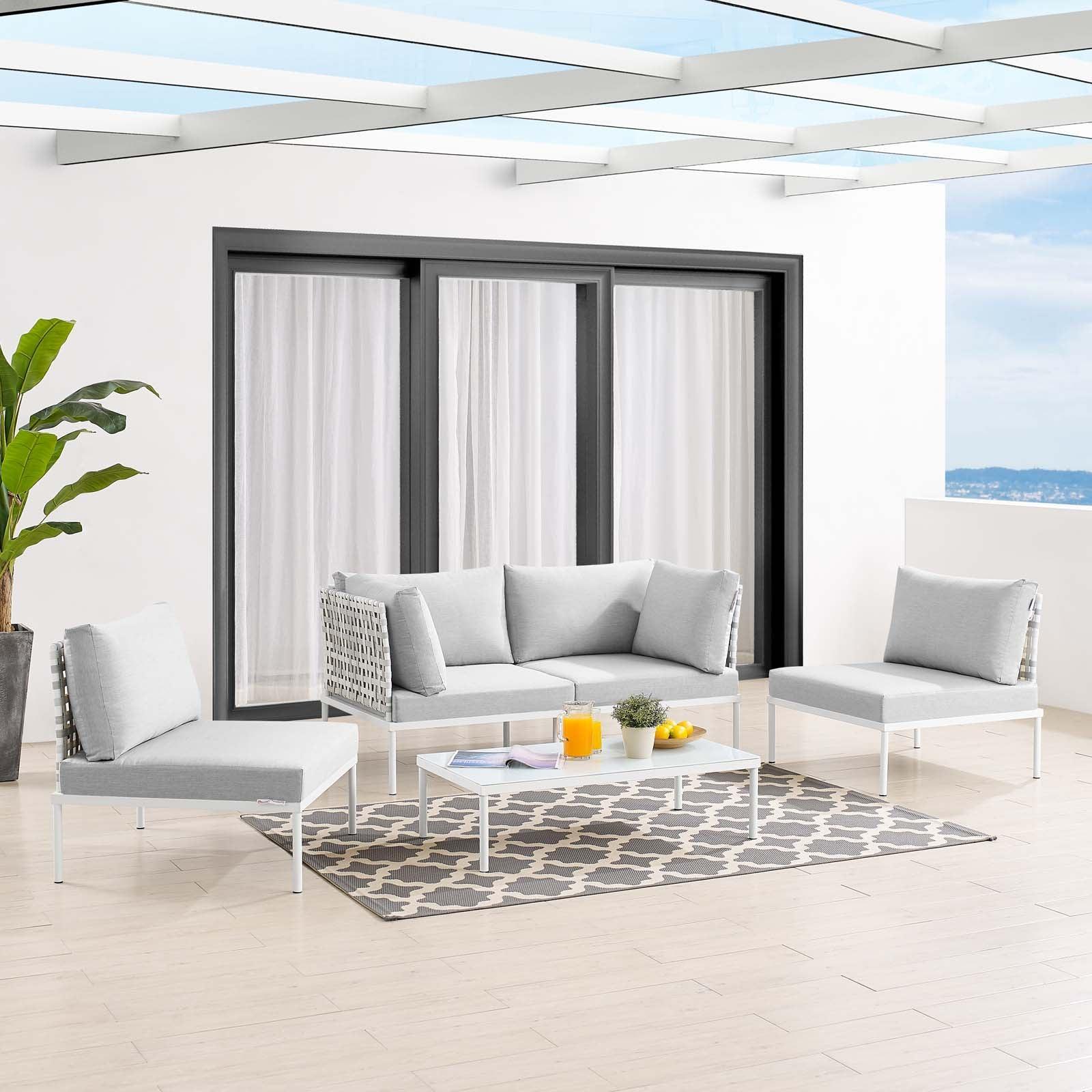 Harmony 4-Piece Sunbrella Basket Weave Outdoor Patio Aluminum Seating Set, EEI-4688 FredCo