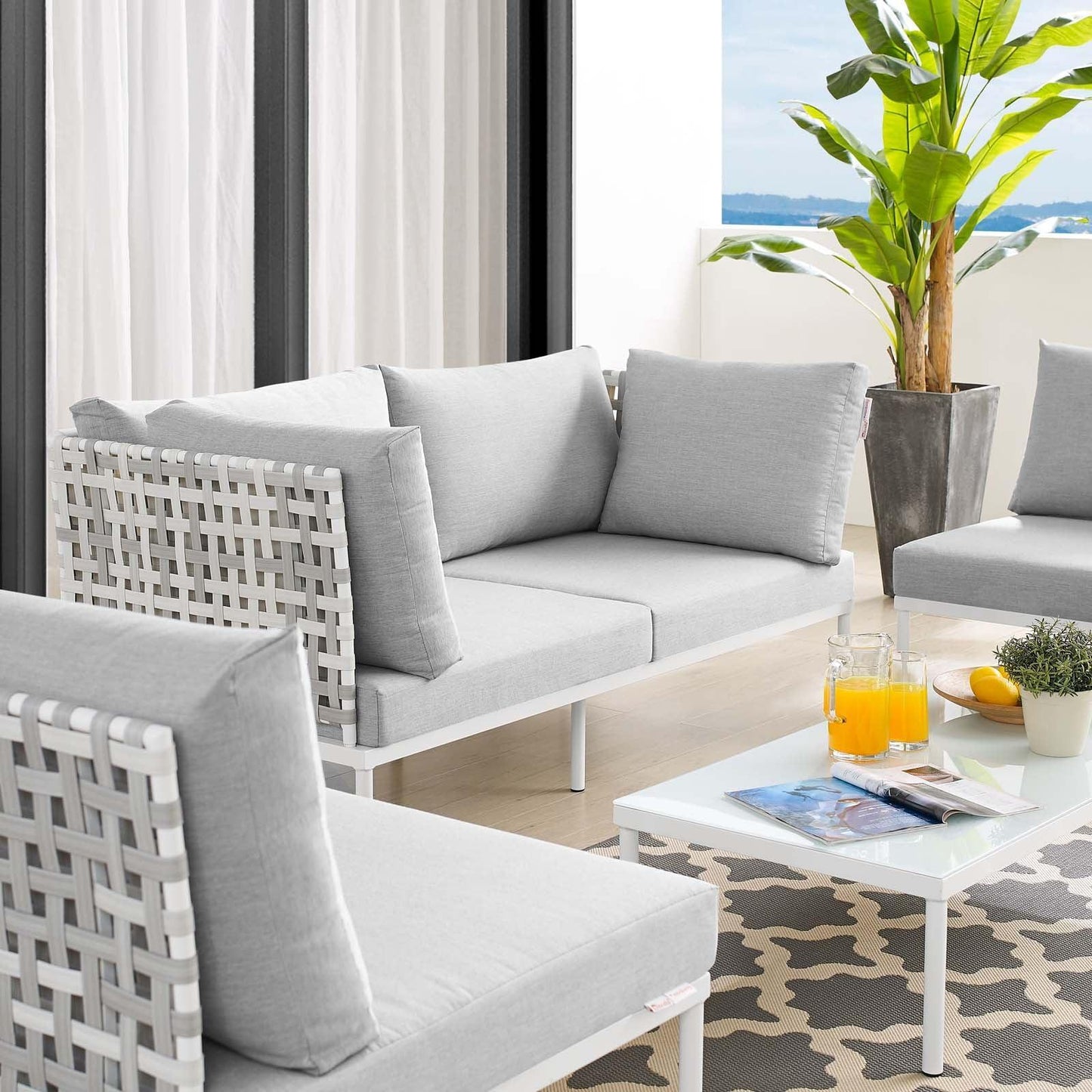Harmony 4-Piece Sunbrella Basket Weave Outdoor Patio Aluminum Seating Set, EEI-4688 FredCo