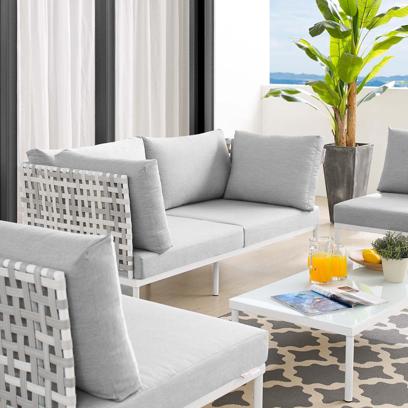 Harmony 4-Piece Sunbrella Basket Weave Outdoor Patio Aluminum Seating Set, EEI-4688 FredCo