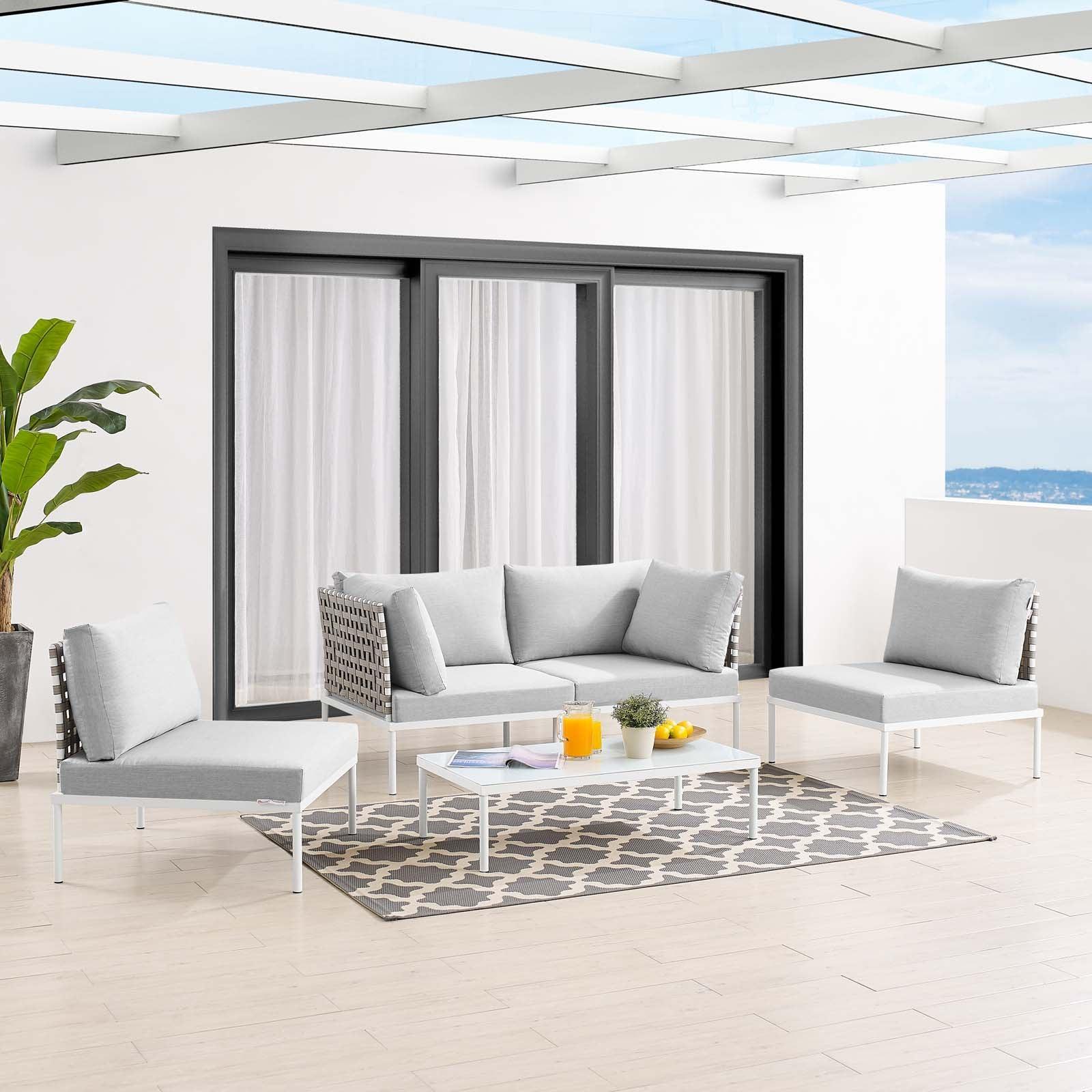 Harmony 4-Piece Sunbrella Basket Weave Outdoor Patio Aluminum Seating Set, EEI-4689 FredCo