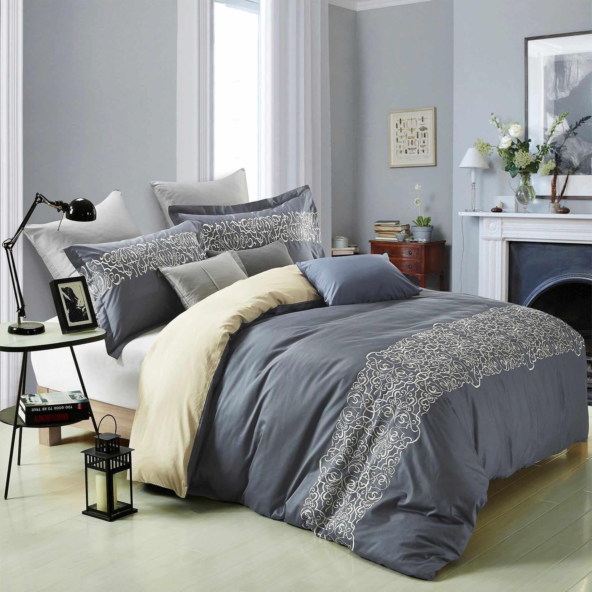Harrison 100% Cotton Oriental Embroidered Duvet Cover Pillow Sham Set FredCo