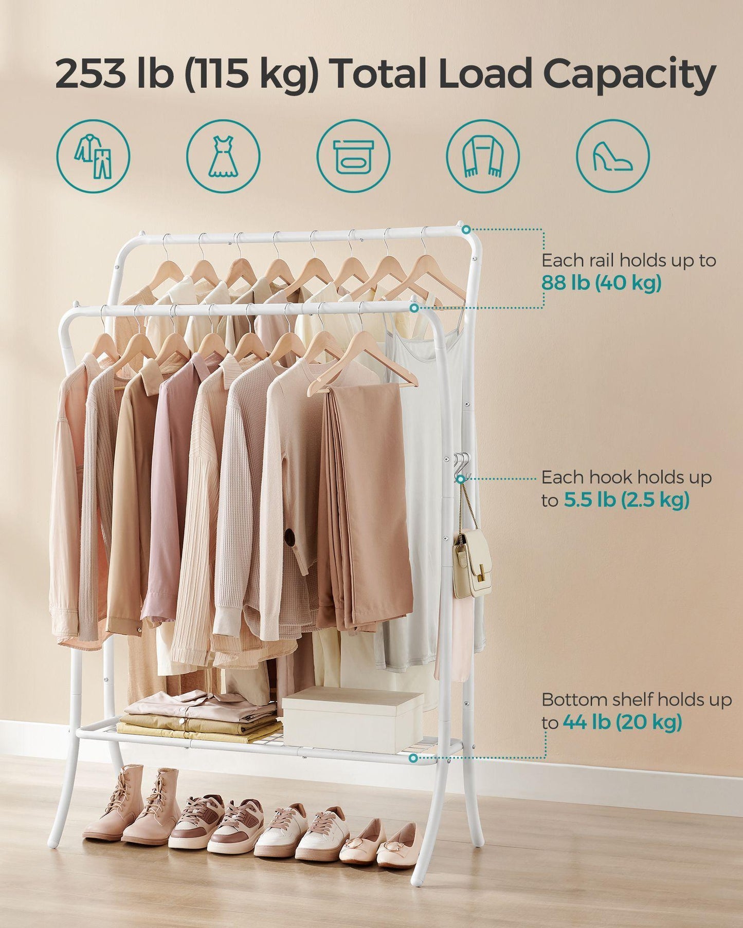 Heavy-Duty Double-Rod Clothes Rack Cloud White FredCo