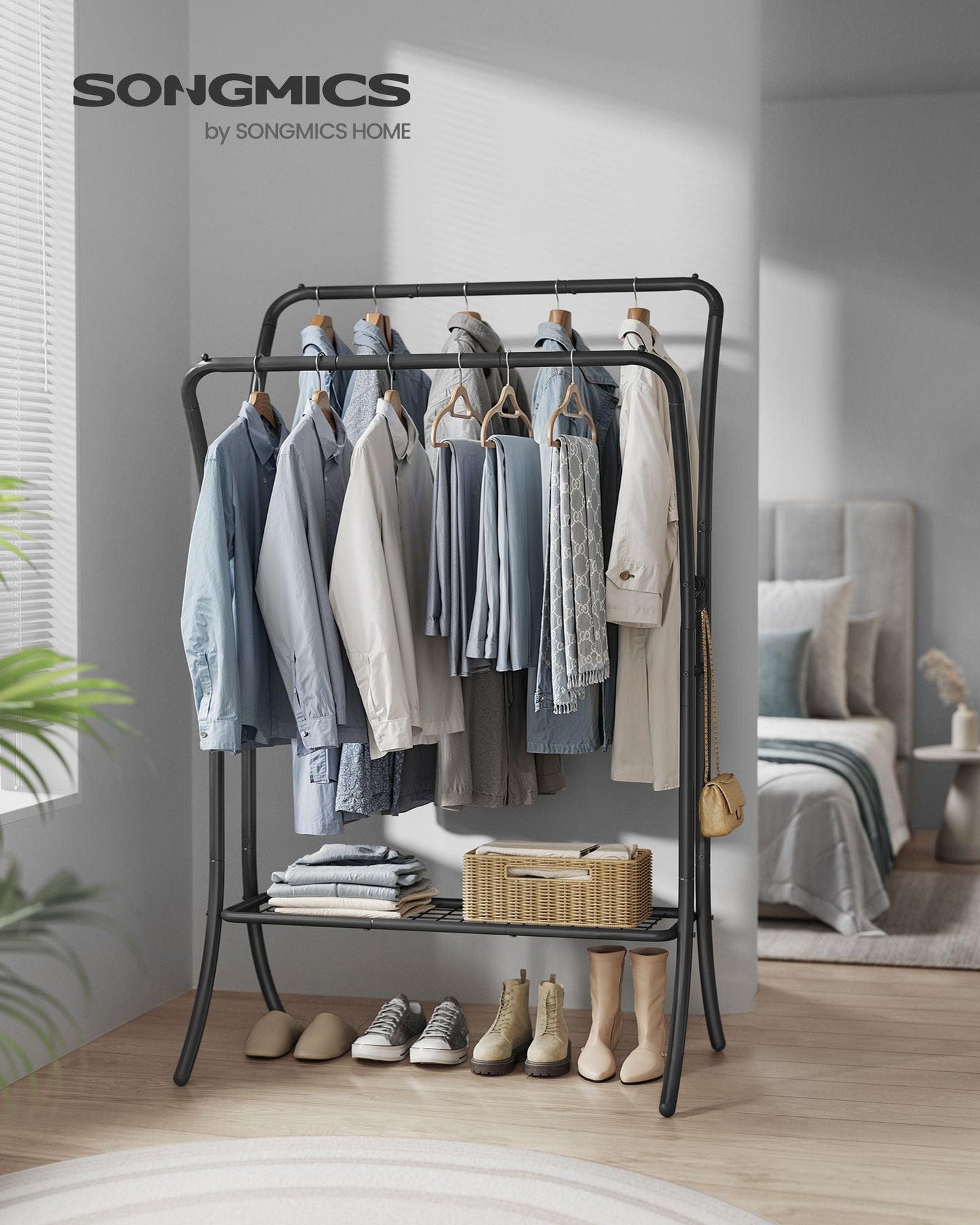 Heavy-Duty Double-Rod Clothes Rack Ink Black FredCo