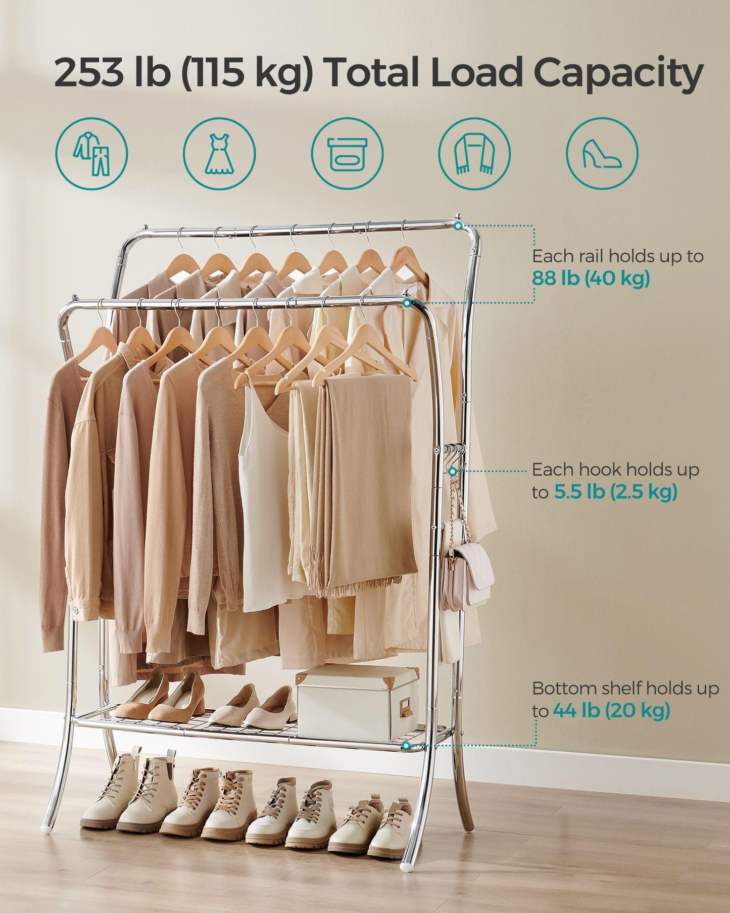 Heavy-Duty Double-Rod Clothes Rack Silver FredCo