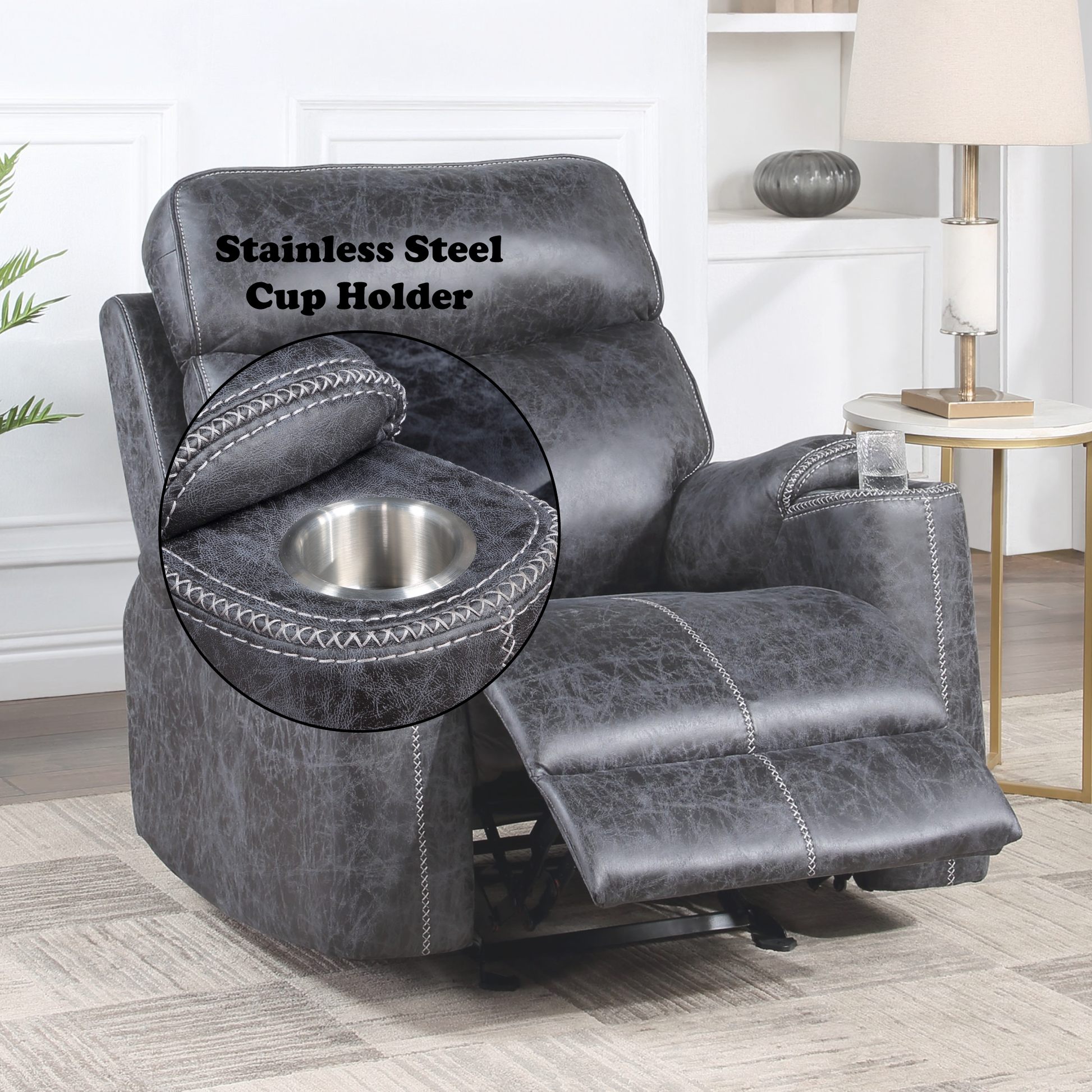 Hirah Dark Gray Microfiber Manual Recliner Chair with Cupholder Function FredCo