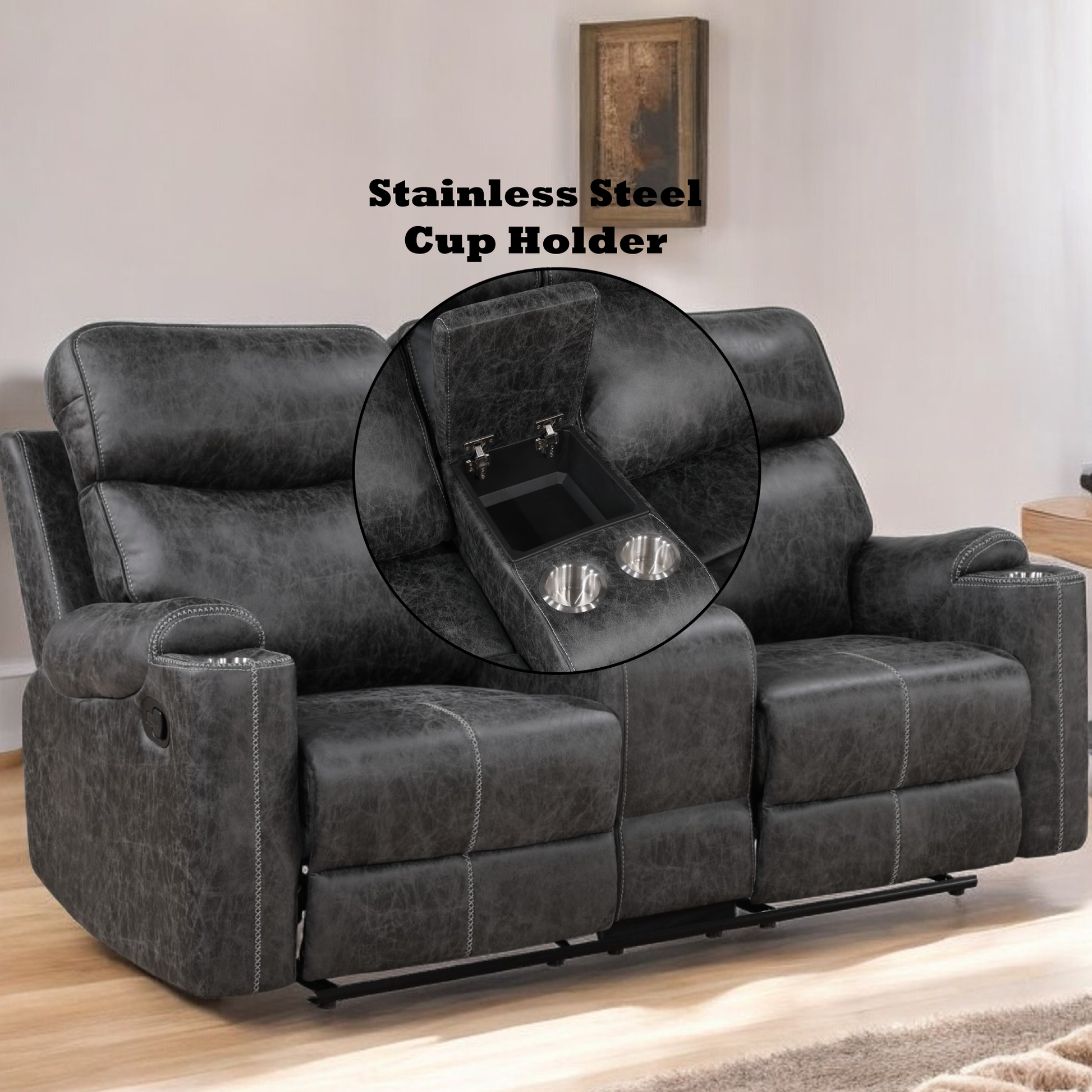Hirah Dark Gray Microfiber Manual Recliner Loveseat with Cupholder Function and Built-in USB Port FredCo