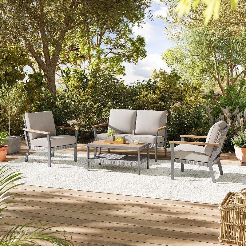 HOME Sencillo Collection - 4 Piece Patio Furniture Set, 2 Lounge Chairs, 1 Loveseat, 1 Coffee Table FredCo