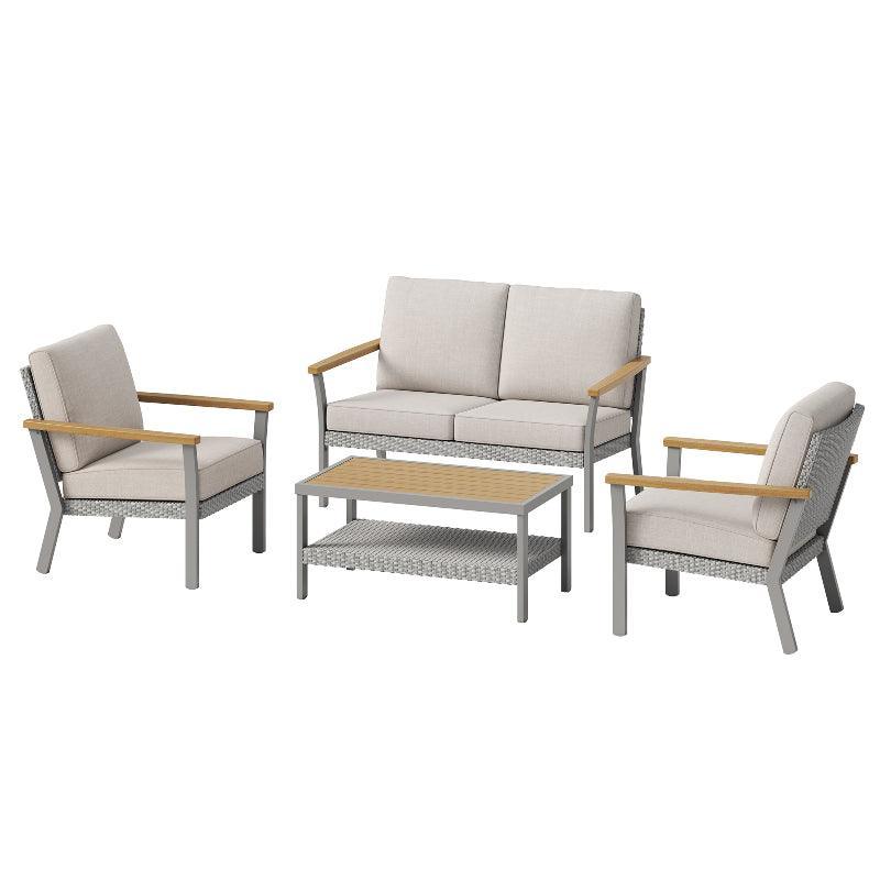 HOME Sencillo Collection - 4 Piece Patio Furniture Set, 2 Lounge Chairs, 1 Loveseat, 1 Coffee Table FredCo