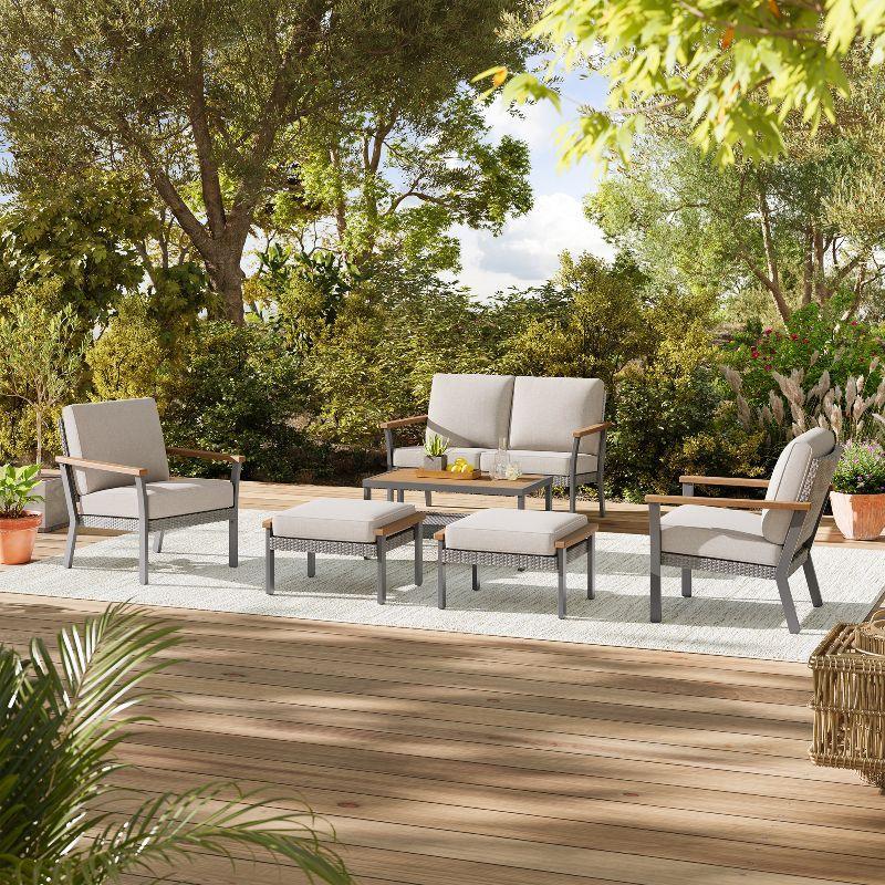 HOME Sencillo Collection - 6 Piece Patio Furniture Set, 1 Coffee Table, 1 Loveseat, 2 Lounge Chairs and 2 Ottomans FredCo