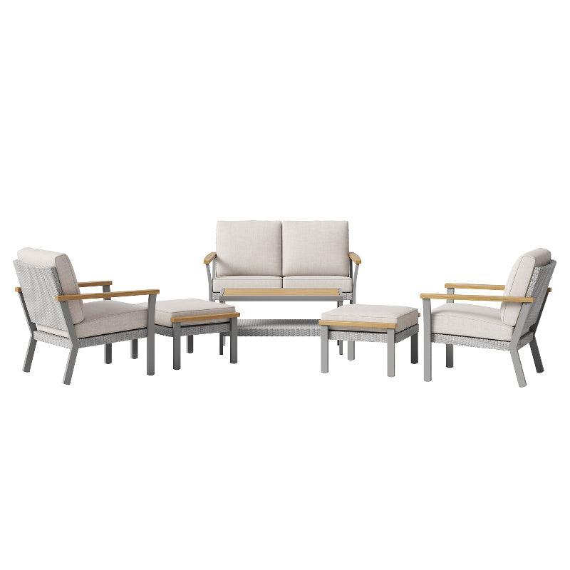 HOME Sencillo Collection - 6 Piece Patio Furniture Set, 1 Coffee Table, 1 Loveseat, 2 Lounge Chairs and 2 Ottomans FredCo