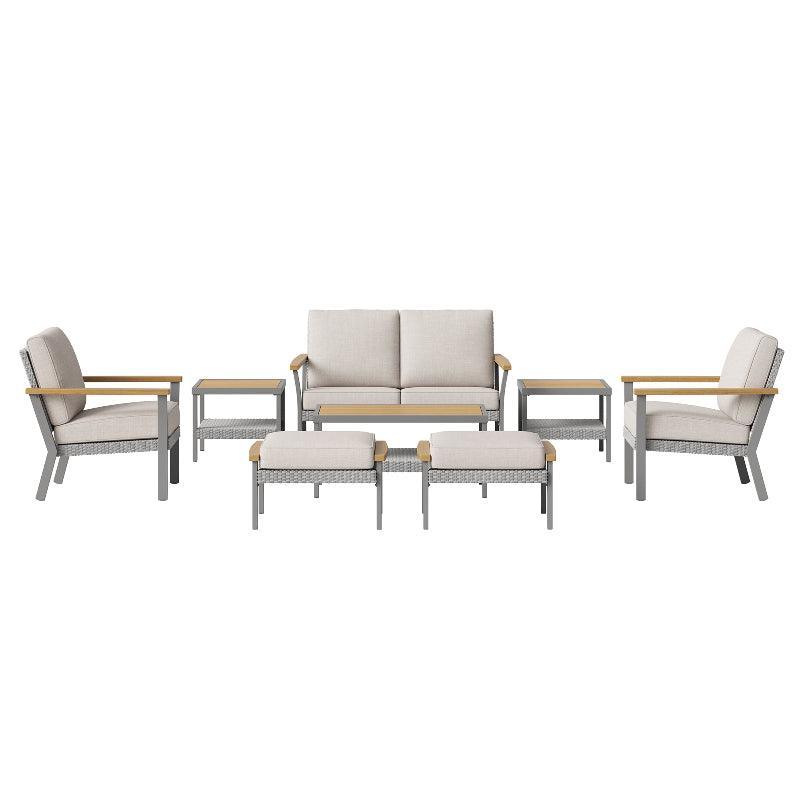 HOME Sencillo Collection -8 Piece Patio Furniture Set 1 Coffee Table 2 Small Coffee Tables 1 Loveseat 2 Lounge Chairs and 2 Ottomans Beige FredCo